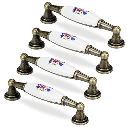 Mavö Möbelgriff Altgold 4 Stück, Lochabstand 96mm, Griff für Möbel Landhausstil Schrankgriff Porzellan Blume Vintage Vada.5 von Mavö