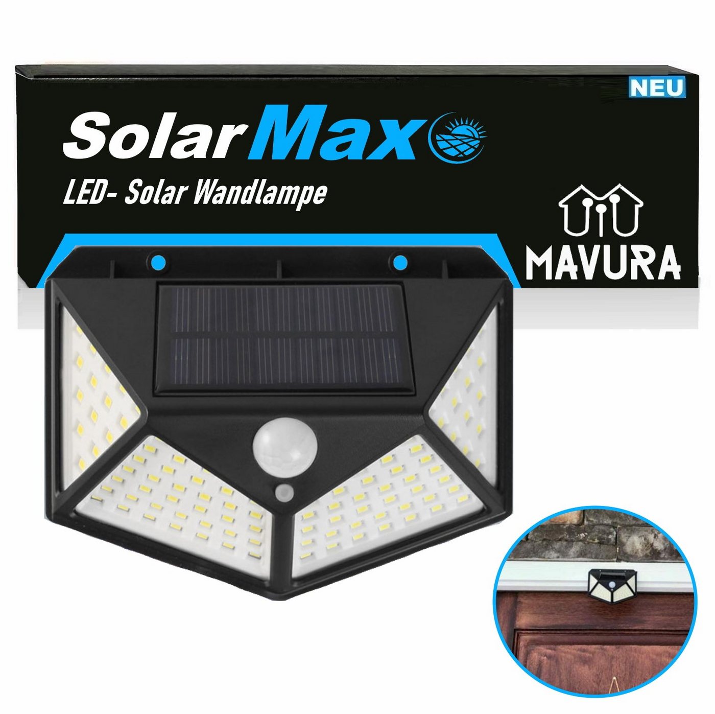 MAVURA LED Solarleuchte SolarMAX LED Solar Wandlampe mit Bewegungsmelder Solarlampe, Gartenleuchte Zaunleuchte Wandleuchte für Außen 270° 308 LED von Mavura