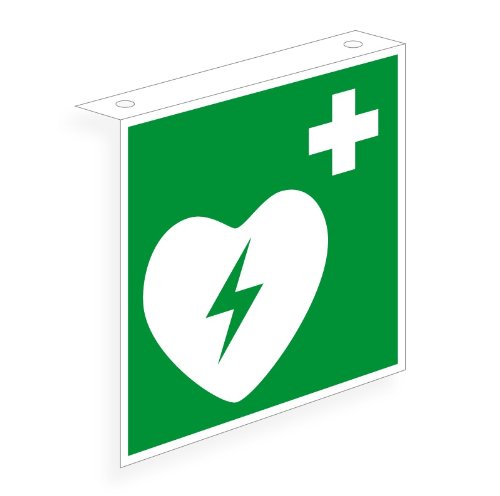 Fahnenschild Deckenmontage | "Defibrillator" gem. ASR A1.3 E010 | in verschiedenen Größen erhältlich | direkt bedruckt von Max Systems