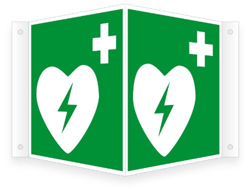 Nasenschild/Winkelschild | "Defibrillator" gem. ASR A1.3 E010 | in verschiedenen Größen erhältlich | direkt bedruckt von Max Systems