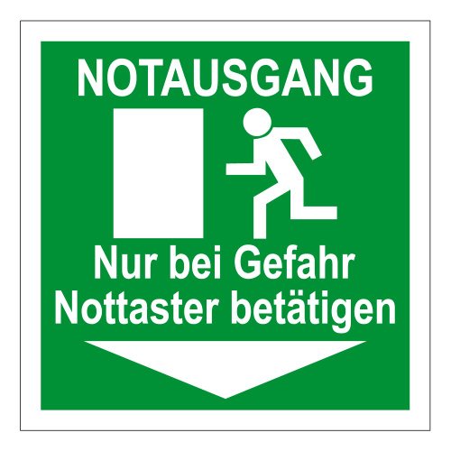 Rettungswegschild aus Aluminium - Notausgang Nur bei Gefahr Nottaster betätigen - 40 x 40 cm von Max Systems