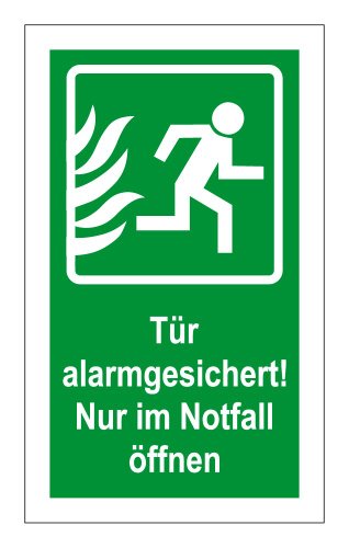 Rettungswegschild aus Aluminium - Tür alarmgesichert! Nur im Notfall öffnen - 10 x 20 cm von Max Systems