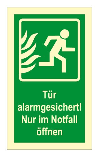 Rettungswegschild aus Folie, lang nachleuchtend - Tür alarmgesichert! Nur im Notfall öffnen - 20 x 40 cm von Max Systems