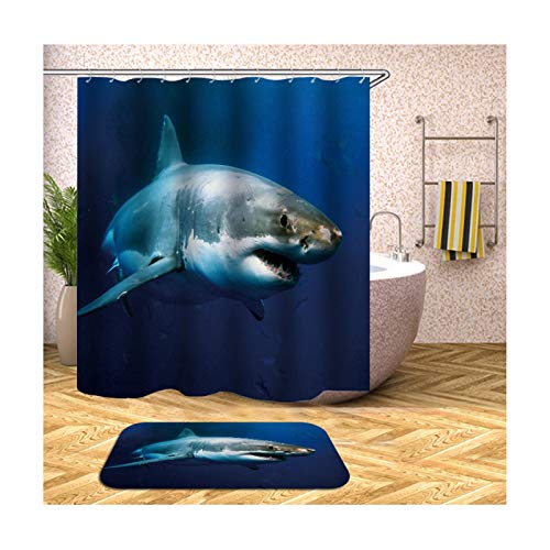 MaxAst Badematte Und Wc Vorleger Set Blau Hai Duschvorhang Antischimmel Badezimmerteppich Polyester Duschvorhang Badewanne 180x200CM von MaxAst