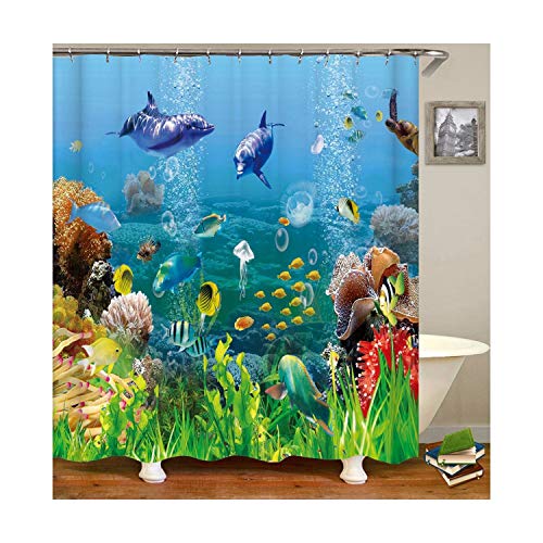 MaxAst Fisch Duschvorhang Anti Schimmel, Bunten Badewanne Vorhang 180x180CM, Antibakteriell Wasserdicht mit Kunststoff Ringe Kein Rost von MaxAst