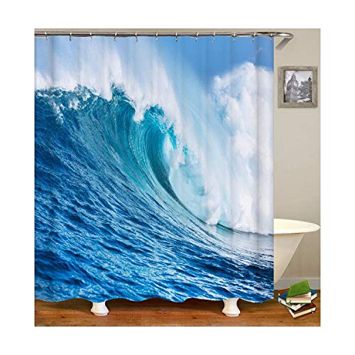 MaxAst Wellen Duschvorhang Anti Schimmel, Blau Badewanne Vorhang 165x180CM, Antibakteriell Wasserdicht mit Kunststoff Ringe Kein Rost von MaxAst