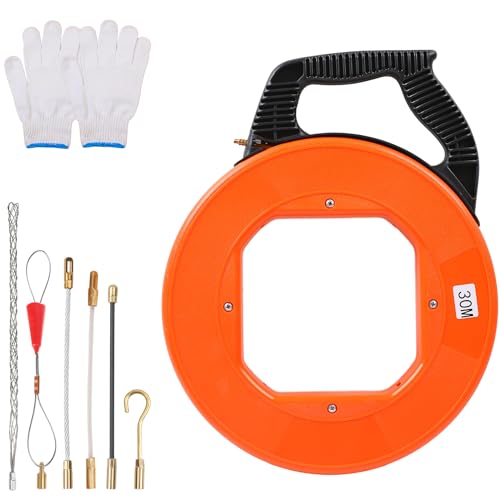 MaxAwe 30M Kabeleinziehhilfe, 4mm Einziehspirale, Einziehfeder, Polyester Zugdraht für Leerrohre mit 6 Adapter und Handschuhe, Fiberglas Fish Tape Einziehhilfe, Kabelziehhilfe mit GehäUse von MaxAwe