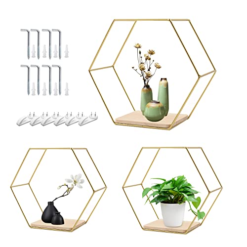 MaxAwe Hexagon Wandregal Metall 3er Set, Wanddeko Hängeregal Schweberegal in 3 Größen, Sechseck Regale für Wohnzimmer, Schlafzimmer, Bad, Flur, Café, Wohnung (Gold) von MaxAwe