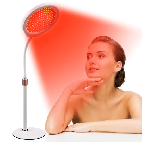 MaxAwe Tischplatte Rotlichtlampe, 660nm & 850nm Infrarotlampe mit Sockel, 128LEDs Dimmbar Rotlicht Strahler Therapy mit Timer, Einstellbarem 360° Winkel Schwanenhals Rotlichtlampe für Haut Hals Hand von MaxAwe