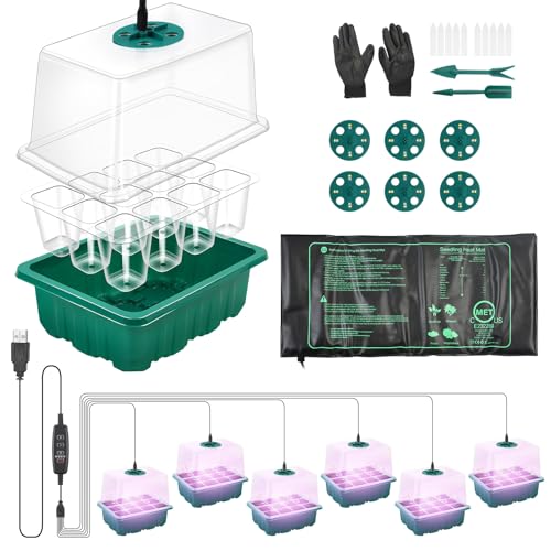 MaxAwe Zimmergewächshaus Anzuchtkasten mit Timing-Controllerund und Sämling Wärmematte, 6 Stück Mini Gewächshaus Anzucht mit 8LED Licht, Setzling Starter Tabletts, Treibhaus Anzuchtschale für Pflanze von MaxAwe