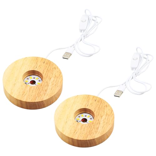 MaxEarn 2 Stück Rund Led Lichtsockel, 10 cm USB LED Lichter Display Basis, Holz Leuchten Ständer, Warmes Licht Holzbeleuchtung, für DIY Acrylplatte Glas Kristallkugel von MaxEarn