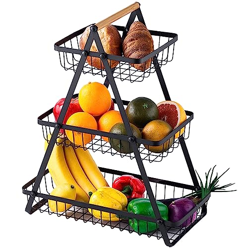 MaxEarn 3-stufiger Abnehmbarer Obstkorb, Große Kapazität Metall Obst Etagere Gemüseregal Brotkorb Snacks Korb, Tragbarer Halter mit Holzgriff für Zuhause Küche Badezimmer Büro Aufbewahrung von MaxEarn