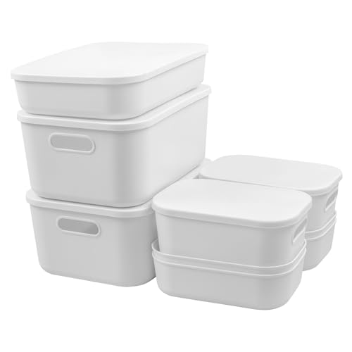 MaxEarn 9Stk 4 Größen Kunststoff Aufbewahrungsbox mit Deckel, 15L & 8L & 6L & 4L Kunststoffbox Organizer Box, Stapelbare Ordnungsboxen mit Griffen, Weiß Aufbewahrungskiste für Bad Küche Büro von MaxEarn