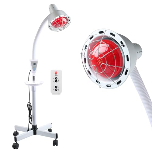 MaxEarn Rotlichtlampe Wärmelampe 275 Watt, 360°-Drehung Infrarotlampe mit Fernbedienung, Temperatur und Höhenverstellbar, Rotlichtlampe Therapie mit Ständer und 4 beweglichen Universalrädern von MaxEarn