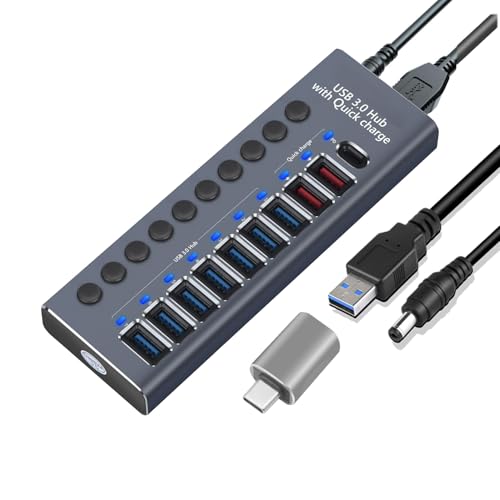 MaxLax USB-3.0-Hub aus Aluminium mit Ladefunktion, Netzadapter, individuelle Netzstecker (Silbergrau, 10 Anschlüsse) von MaxLax