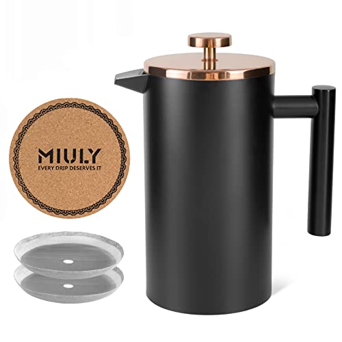 MaxMiuly Kaffeebereiter French Press 1L, Kaffeepresse Doppelwandig Edelstahl 6 Tassen, Thermo Kaffeezubereiter Erhältlich in 350ml, 1000ml mit Filtersieb, Untersetzer, Schwarz Gold von MaxMiuly