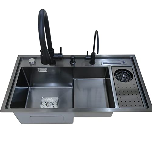 304 Edelstahl-Küchenspüle Mit Glasspüler Und Wasserhahn, Einzelbecken Abgestuftes Bar-Spülbecken Große Küchenarbeitsplatzspüle Drop-in (Color : A, S : 82x46x22cm) von MaxTom