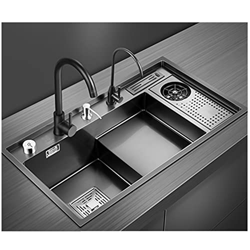 304 Edelstahl-Küchenspüle Mit Glasspüler Und Wasserhahn, Einzelbecken Abgestuftes Bar-Spülbecken Große Küchenarbeitsplatzspüle Drop-in (Color : C, S : 82x46x22cm) von MaxTom