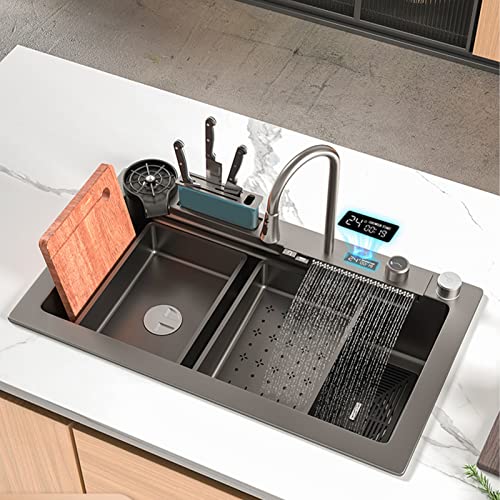 Einschalen-Küchenspüle 304 Edelstahl, Intelligenz Wasserfall Becken Spüle, Spüle Arbeitsplatz Küchenspüle Mit Ausziehbarem Wasserhahn (Color : Black-Grey, S : 75x46cm) von ICOBES