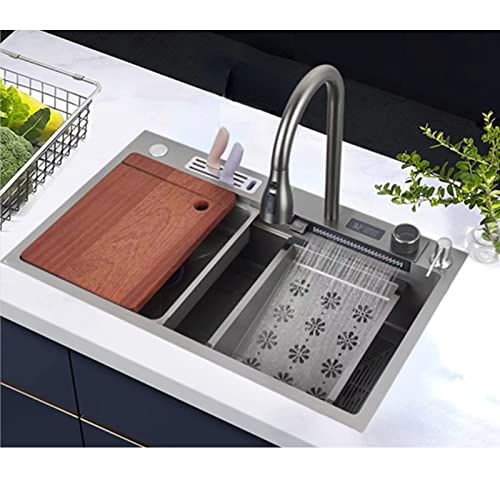 Einschalen-Küchenspüle 304 Edelstahl, Intelligenz Wasserfall Becken Spüle, Spüle Arbeitsplatz Küchenspüle Mit Ausziehbarem Wasserhahn (Color : Grigio, S : 75x46cm) von MaxTom