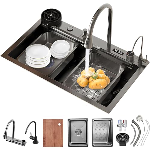 Einzelne Schüssel Workstation Wasserfall Waschbecken 304 Edelstahl, Mit Ausziehbarem Wasserhahn Einzelne Schüssel Große Waschbecken Küchenspüle Kit Mit Ziehen (Color : Black-Grey, S : 80x46cm) von MaxTom