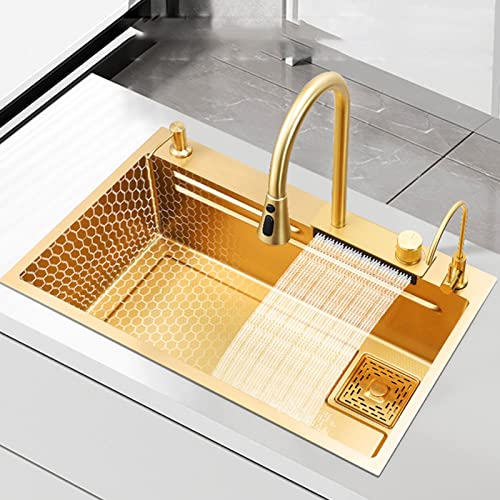 Gold Kitchen Sink Waterfall, Kitchen Sink Rain Waterfall Sink Household Sink, Mit Pull-Out Tap, Schneidebrett, Cup Washer (Color : Gold, S : 68x46cm) von MaxTom