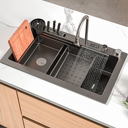 Intelligence Waterfall Basin Kitchen Sink, Single Bowl Workstation Spüle 304 Edelstahl 13-teiliges Set, Mit Pull-Out Wasserhahn, Cup Washet (Color : Black-Grey, S : 75x46cm) von MaxTom