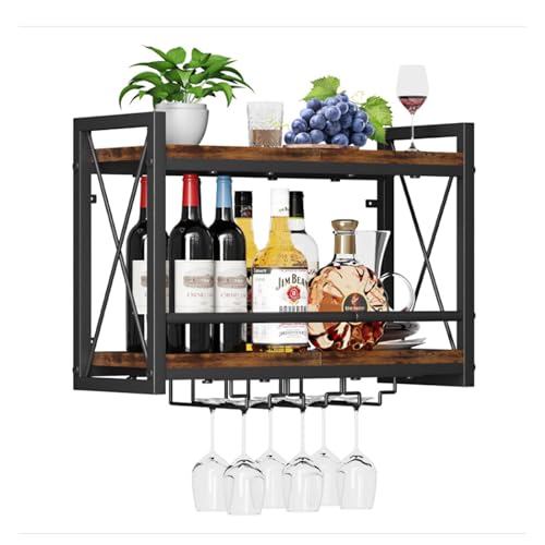 Maxbetip Wall Mounted Wine Rack with Glass Holders Partial Wooden Shelf Black Metal Bottle Holder Multi Functional Wine Display Rack for Home Bar Dining Room Kitchen (16.02 * 7.87 * 16.85'') von Maxbetip