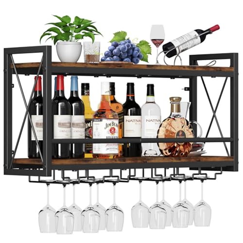 Maxbetip Wall Mounted Wine Rack with Glass Holders Partial Wooden Shelf Black Metal Bottle Holder Multi Functional Wine Display Rack for Home Bar Dining Room Kitchen (23.62 * 7.87 * 16.85'') von Maxbetip
