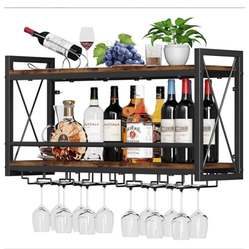 Maxbetip Wall Mounted Wine Rack with Glass Holders Partial Wooden Shelf Black Metal Bottle Holder Multi Functional Wine Display Rack for Home Bar Dining Room Kitchen (31.5 * 7.87 * 16.85'') von Maxbetip