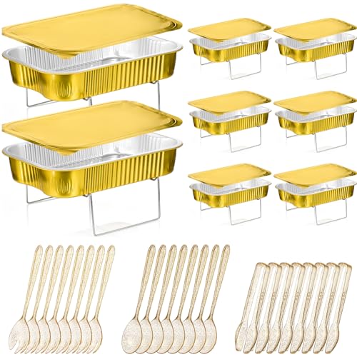 Maxcheck 8 Sets Einweg-Chafing Dishes Buffet-Set Chafer Wire Racks Buffet Stand Kit Dish Serviertabletts Speisenwärmer Catering Supplies inklusive Chafer-Pfannen Servierutensilien und Buffet-Ständer von Maxcheck