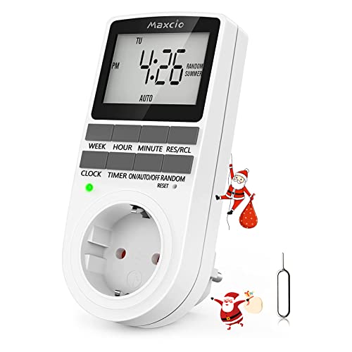 Digitale Zeitschaltuhr Steckdose, Maxcio Programmierbare Elektronische Timer Steckdose mit 10 konfigurierbaren Schaltprogramme und Anti-Theft-Modus, Mit 2 Reset-Pins, 16A / 3680W (1 Pack) von Maxcio