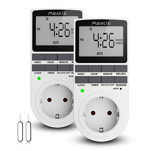 Digitale Zeitschaltuhr Steckdose, Maxcio Programmierbare Elektronische Timer Steckdose mit 10 konfigurierbaren Schaltprogramme und Anti-Theft-Modus, Mit 2 Reset-Pins, 16A / 3680W (2 Packs) von Maxcio