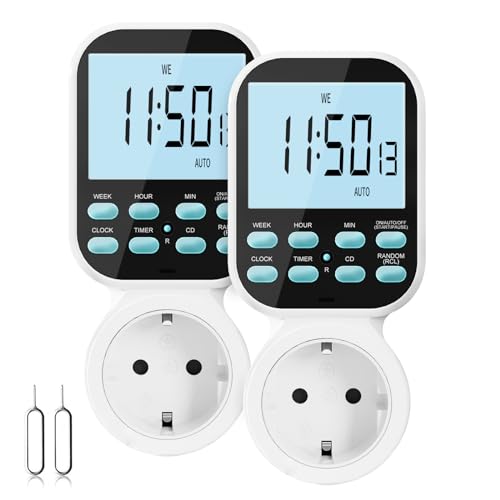 Digitale Zeitschaltuhr Steckdose mit Countdown und Schleifenmodus, Maxcio Timer Steckdose mit 20 konfigurierbaren wöchentlichen Programme und einbruchsicheren Zufallsfunktion für Innen (2 Pack) von Maxcio
