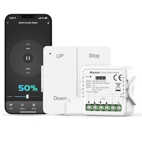 Maxcio Smart Rolladenschalter mit RF-Fernbedienung, WLAN Rolladensteuerung Relais Modul mit Timer, Prozentfunktion, Sprachsteuerung, Kompatibel mit Alexa, Echo, Google Home, 1 Pack von Maxcio
