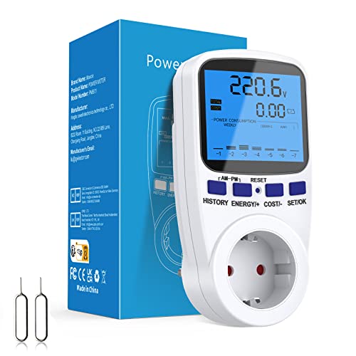 Maxcio Stromzähler für Steckdose mit Dual Rate, PV-Zähler für Balkonkraftwerk, Stromverbrauchsmesser, Digitaler Strommessgerät mit Überlast- und Netzausfallschutz, 3680W,180 °LCD-Display von Maxcio