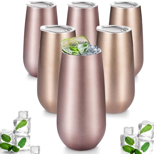 6 Stück Champagnerflöten ohne Stiel, doppelt isoliert, Champagnerglas mit Lippen, 170 ml, Edelstahl, unzerbrechlich, Cocktailbecher für Kaffee, Weinglas, Tumbler (Roségold, Champagner, Silber) von Maxdot