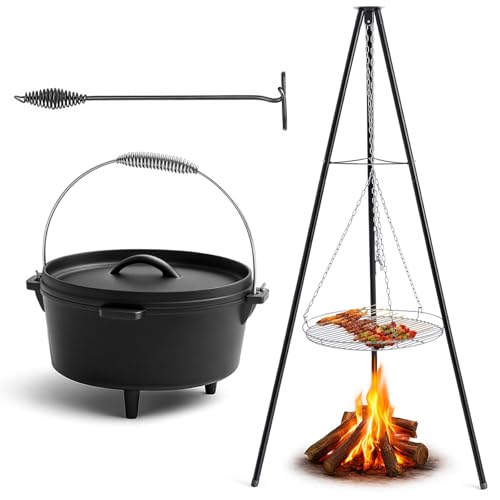 Maxdot Stativ Lagerfeuer Grill Set-4 Quart Gusseisen Dutch Oven mit Deckel, Verstellbares 59 Zoll Stativ Lagerfeuer Laterne Aufhänger, Runder Grillrost, Kappenentferner für Kochen Feuer, Picknick von Maxdot