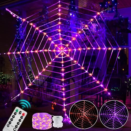 Maxee 114 LED Halloween Spinnennetz Lichter Deko, 3,6 m Riesige Runde Netzlicht Lichterkette mit Fernbedienung (8 Modi & Timer), Lichternetz Dekoration für Fenster Garten Drinnen Außen (Lila+Orange) von Maxee