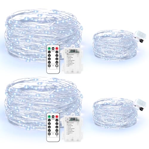 Maxee 2 Stück 10M + 2 Stück 3M LED Lichterkette Batterie, 8 Modi Fernbedienung, Timer Lichterkette, IP65 Wasserdichte, Außen Lichterkette Draht für Weihnachten Innen Aussen Deko, Karme Farben von Maxee