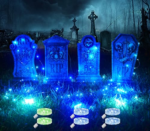 Maxee 4 Stück Halloween Glühendes Grabsteine Deko mit 6 Stück 3 Meter Lichterkette, Wasserdichtes Grabstein Schilde, Außen Dekoration Set für Rasenhof Hinterhof Haunted Friedhof Zombie Grün und Blau von Maxee