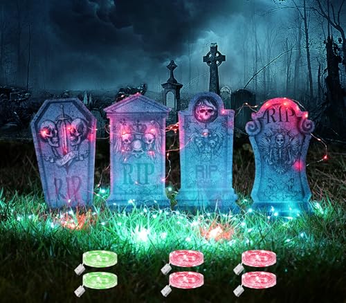 Maxee 4 Stück Halloween Glühendes Grabsteine Deko mit 6 Stück 3 Meter Lichterkette, Wasserdichtes Grabstein Schilde, Außen Dekoration Set für Rasenhof Hinterhof Haunted Friedhof Zombie Party Grün Rot von Maxee
