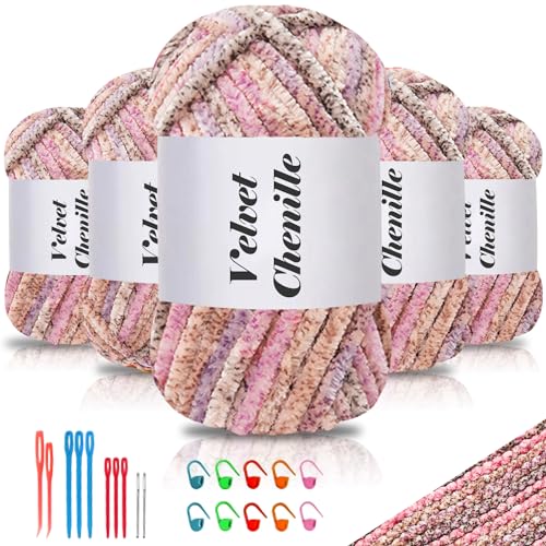 Maxee 500g(5×100g) Samtig Babywolle, Samt Chenille Garn mit Häkelwerkzeuge, Kuschelweich Velvet Chenillegarn Flauschige, Weich Plüschwolle Häkelgarn Wolle zum Stricken & Häkeln von Maxee