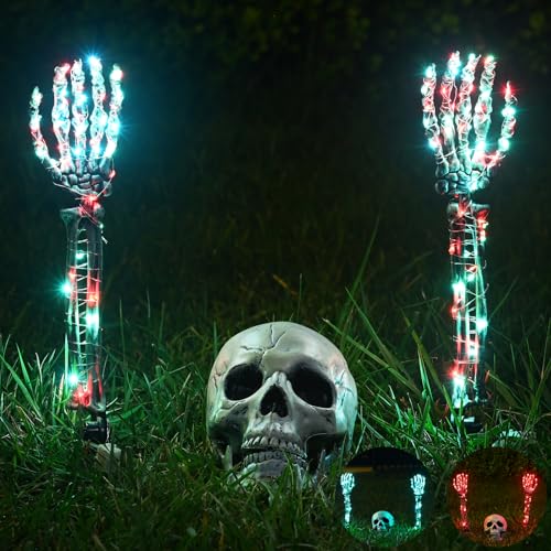 Maxee Halloween Leuchtende Skelett Totenkopf Set, 1 Totenkopf und 2 Schädel Hände mit 2 Grüne LED-Lichterketten (3 Modi), 2 Rot LED-Lichterketten (3 Modi), Halloween Deko für Draußen Garten von Maxee