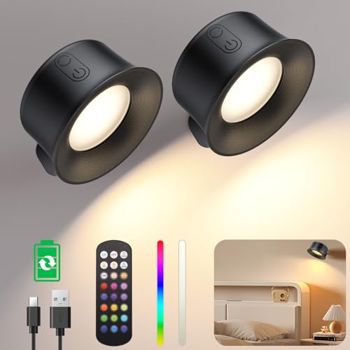 Maxetodo 2PCS Kabellos Wandleuchte LED Wandlampe Innen Schwarz Mit USB-Ladeanschluss 15 RGB-Farben 3 Farbmodi 360° Drehbare Touch Control Leselampe Für Kinder Schlafzimmer Wohnmobil Festival von Maxetodo