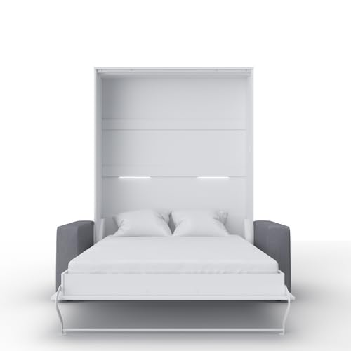 MAXIMAHOUSE Schrankbett vertikal Invento LED 140V (140x200) mit Sofa, Möbelset (Weiss/Weiss matt + graues Sofa) von MAXIMAHOUSE