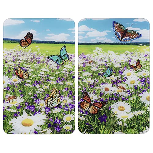 Maximex Herdplattenabdeckung Sommerwiese, Höhenverstellbare Glas Abdeckplatte für alle Herdplatten, Schneidebrett & Spritzschutz Küche Glas ohne Bohren, Herdabdeckplatten Ceranfeld 2teilig von WENKO