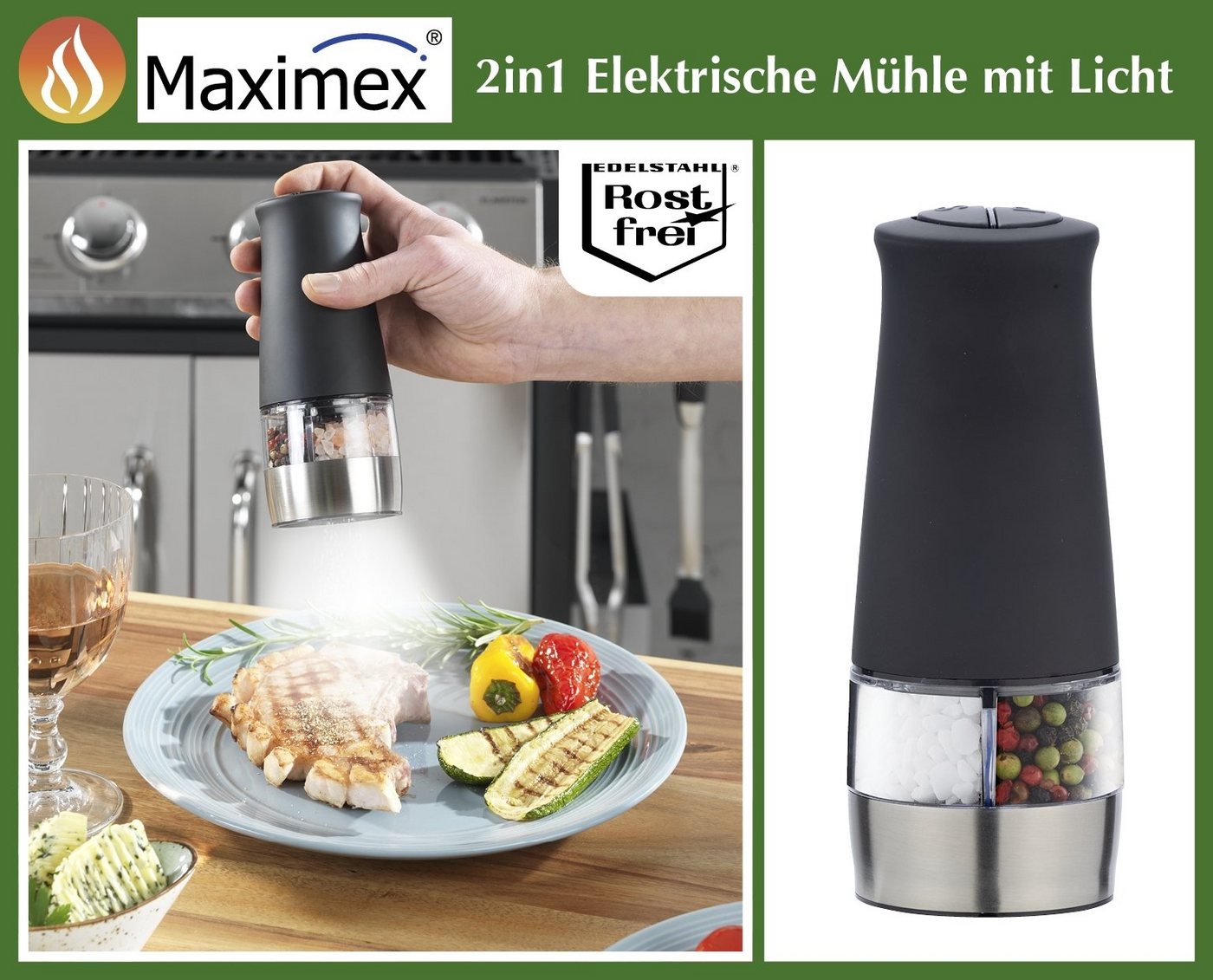 Maximex Salz- / Pfefferstreuer 2in1 Elektrische Mühle mit Licht schwarz, (1-tlg) von Maximex