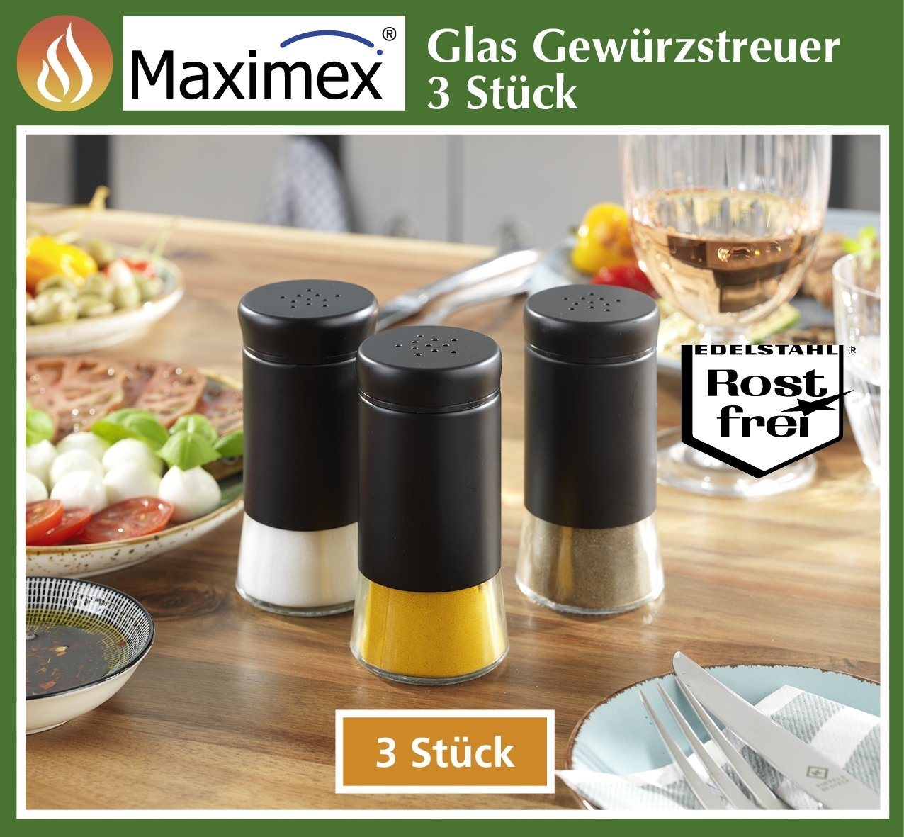 Maximex Salz- / Pfefferstreuer Gewürzstreuer aus Glas 3er Set Farbe schwarz Maße ca.: Ø: 5,5 cm x H:, (3-tlg) von Maximex