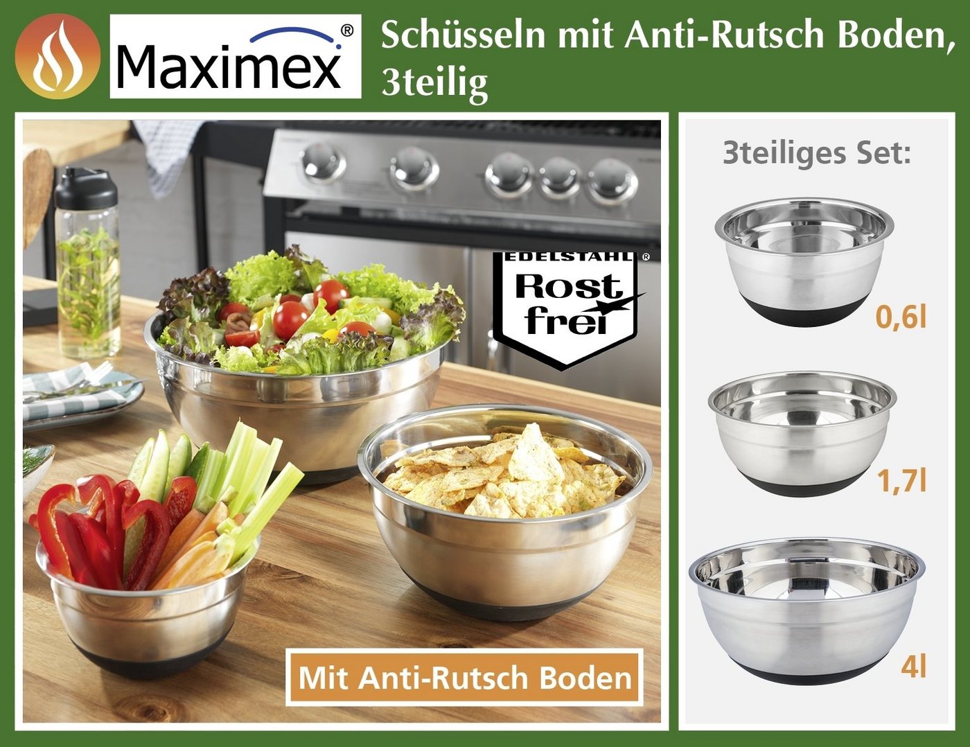 Maximex Schüssel Schüssel mit Anti Rutsch Boden 3tlg., Schüssel : Edelstahl, Boden : Silikon, (3-tlg), Rutschfest von Maximex